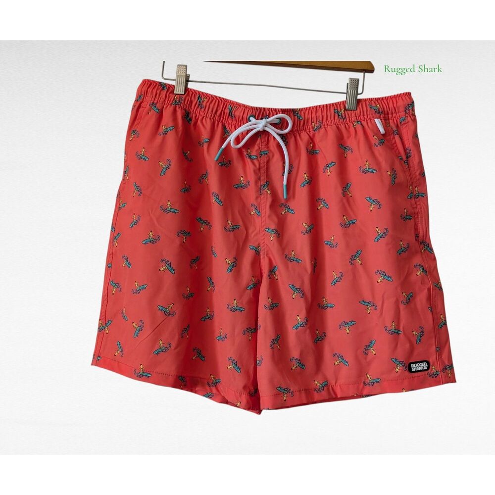 Rugged Shark Swim Trunks  XL Surf Print Shorts Drawstring Mesh Lined